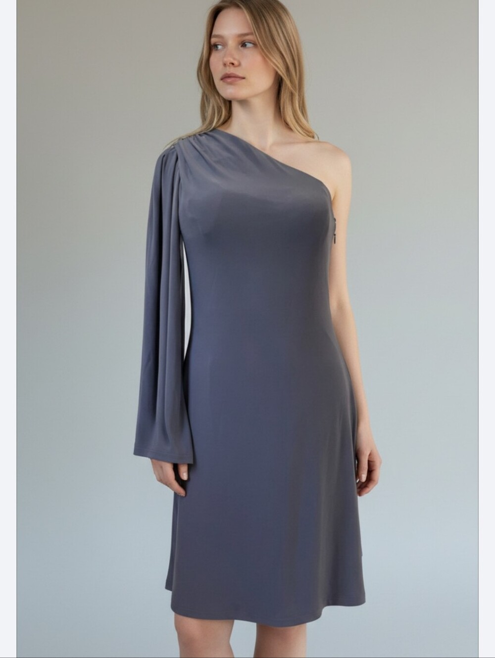 Dalia McPhee One-Shoulder Slate Gray Draped Sleeve Dress size 6